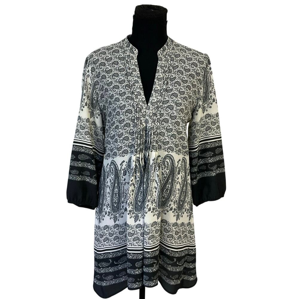 Angie Black & White Paisley Boho Tunic Top Mini Dress Size L Peasant Style - Picture 2 of 10
